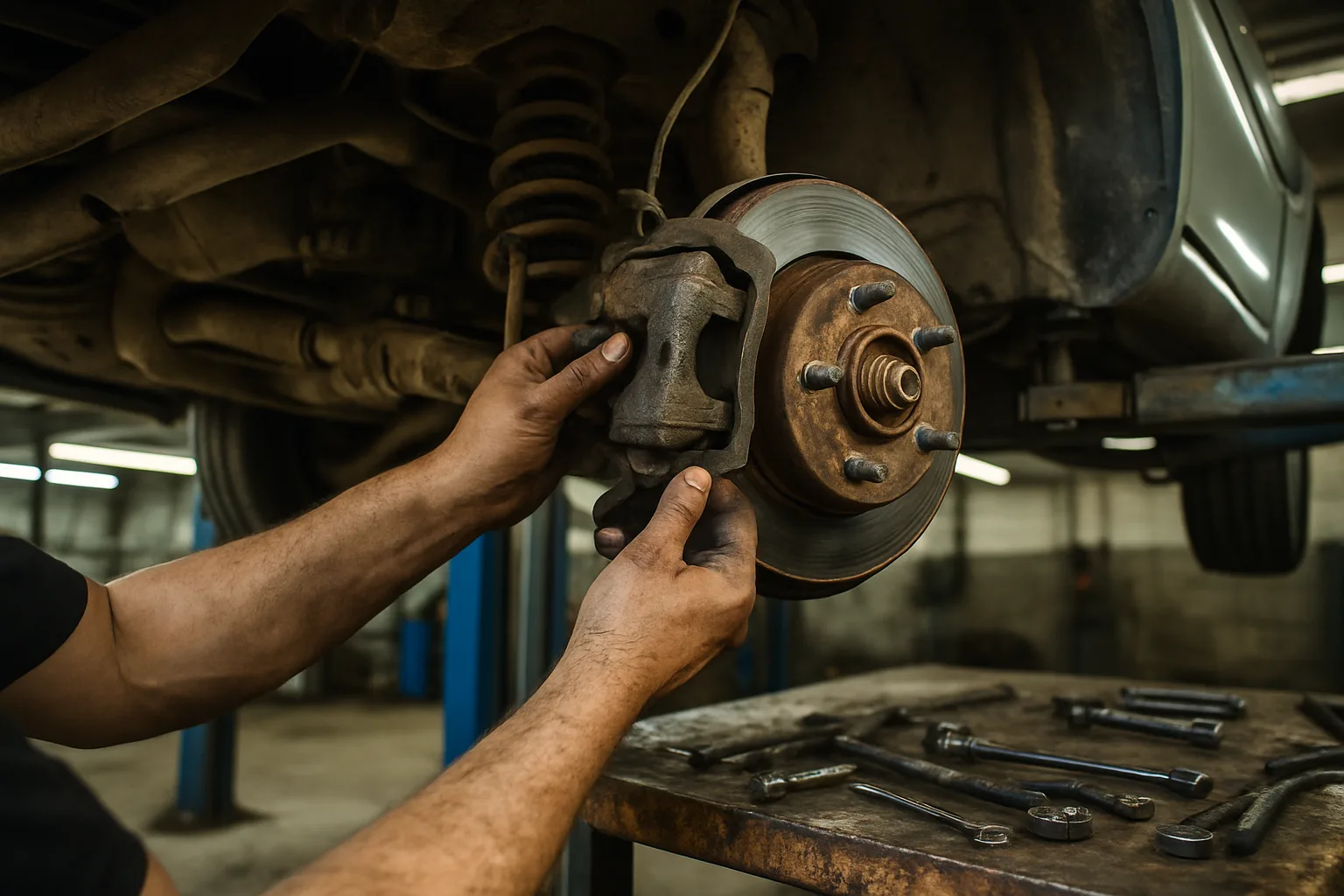 Brake system repair work on vehicle lift